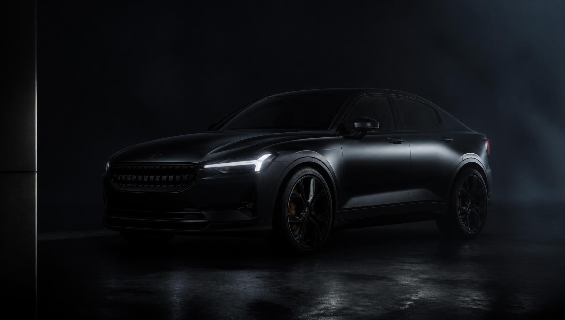 Matte black luxury car lit by a single silver light streak in a dark studio
