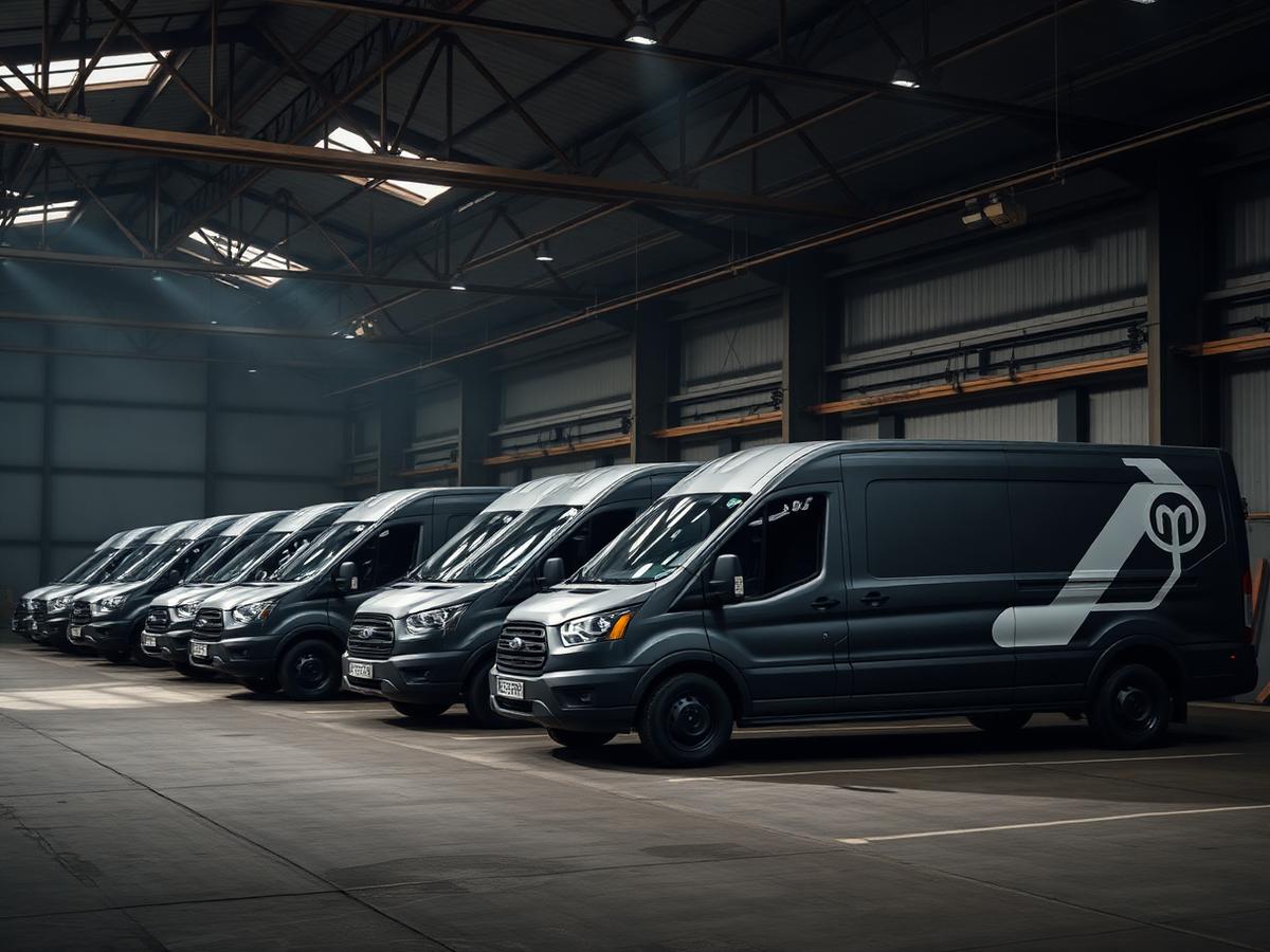 Fleet of charcoal commercial vans with minimal white graphics