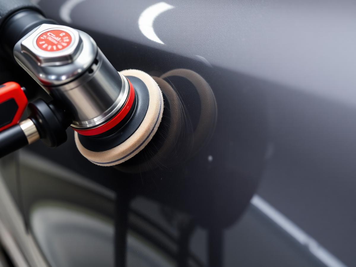 Dual action polisher correcting paint on a dark grey car panel