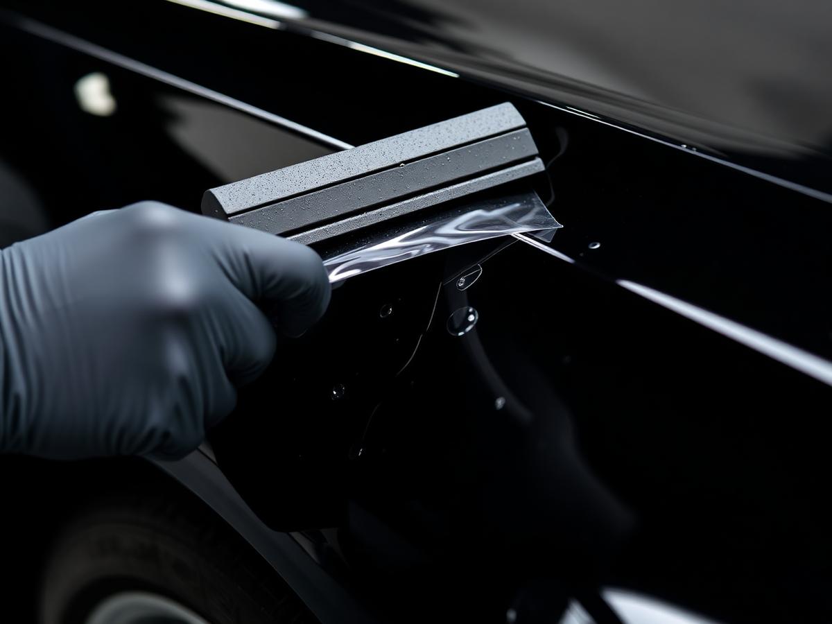 Technician applying clear paint protection film to a black car fender