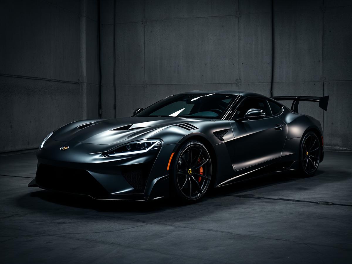 Satin graphite vinyl wrapped sports car in a dark studio
